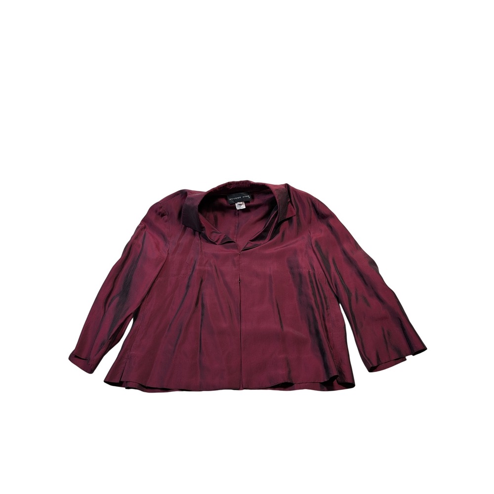 August Silk Women Shimmer Open Front Blouse Size M Burgundy Red